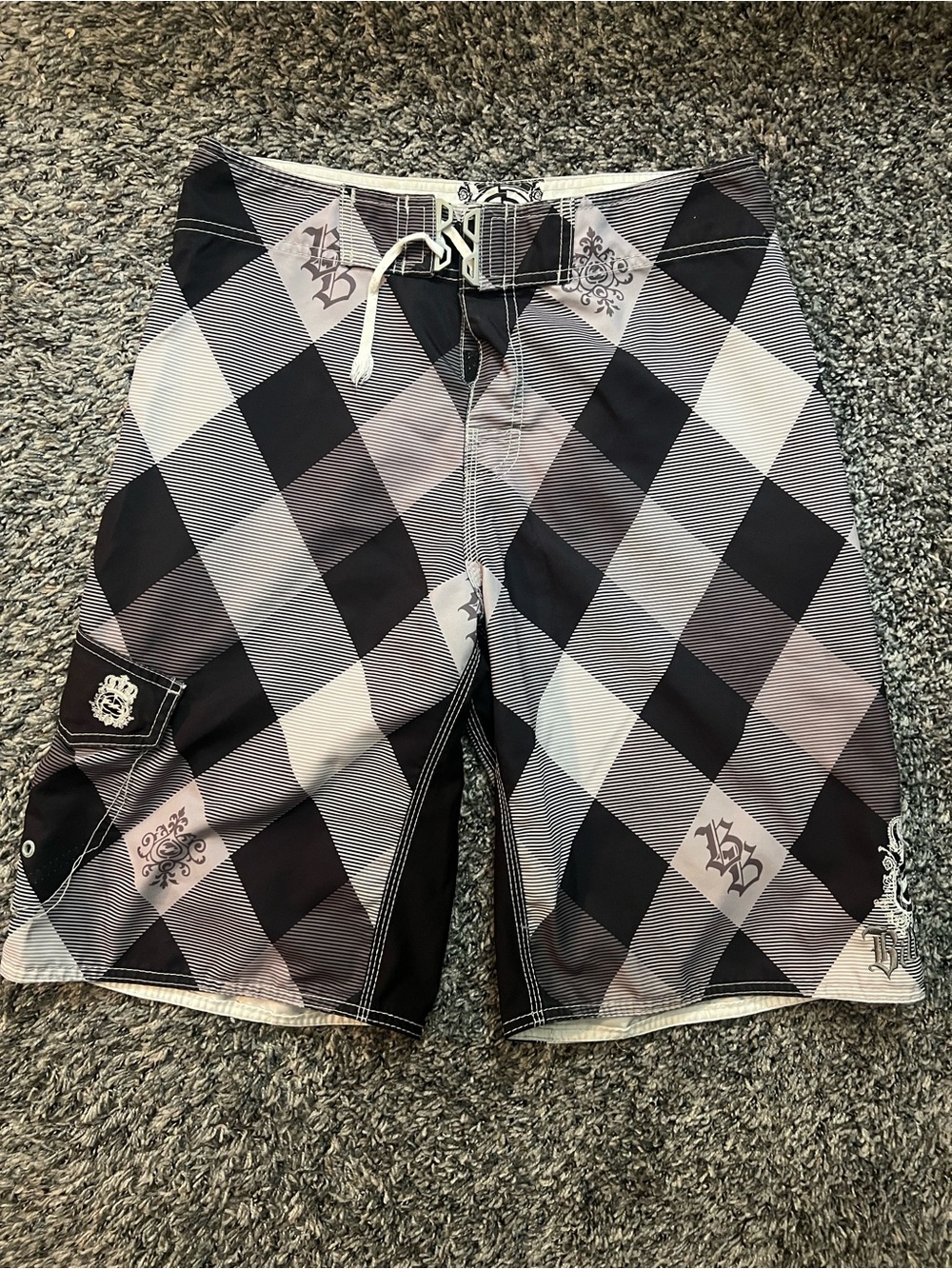 Y2K Billabong Black and Gray Plaid Swim Board Shorts